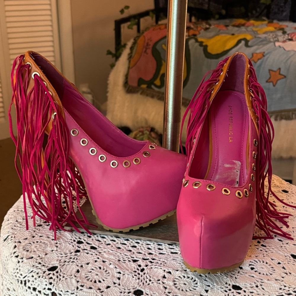 fringe platform heels